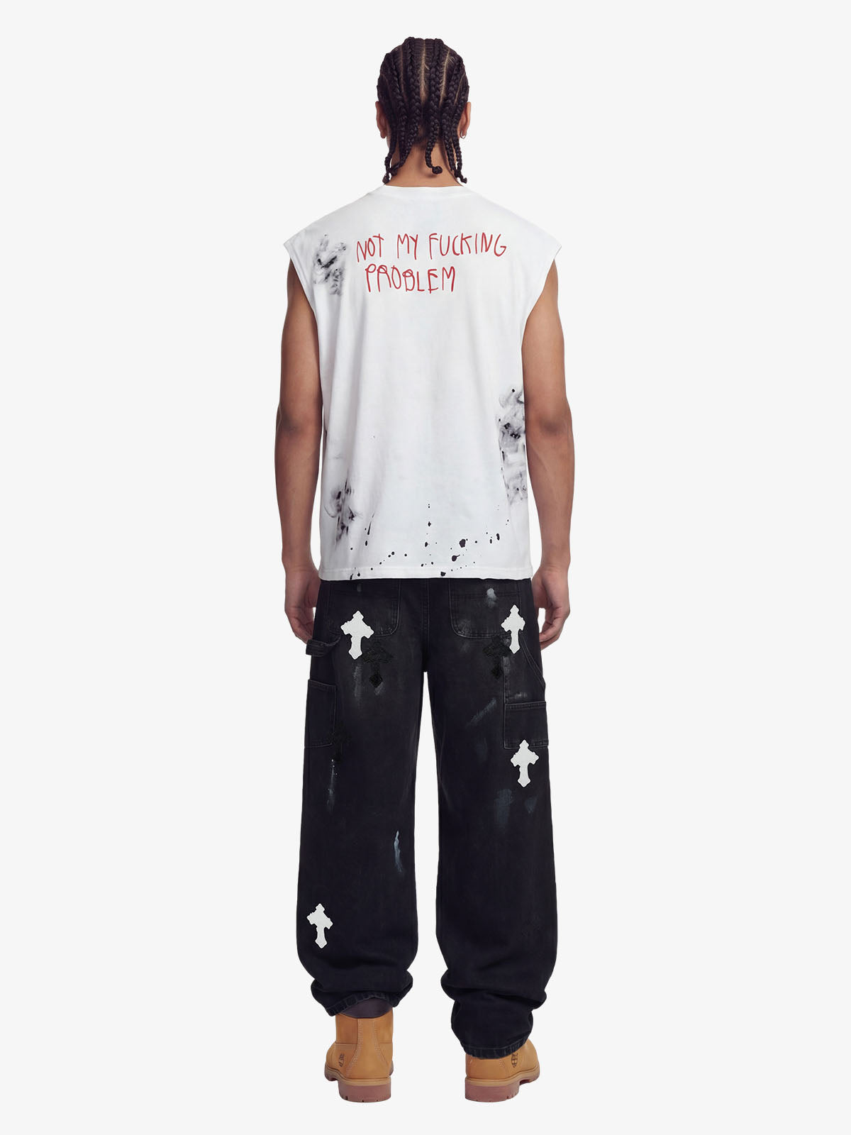 Revelse™ Grunge Slogan Print Distressed Raw Hem Sleeveless T-Shirt