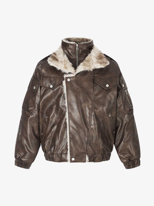 Oversized faux-leather padded coat with a faux-fur collar, front view
