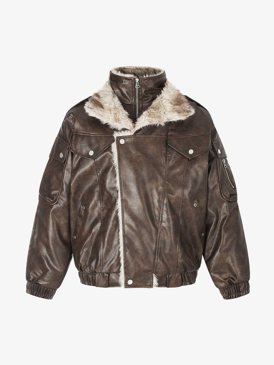Oversized faux-leather padded coat with a faux-fur collar, front view