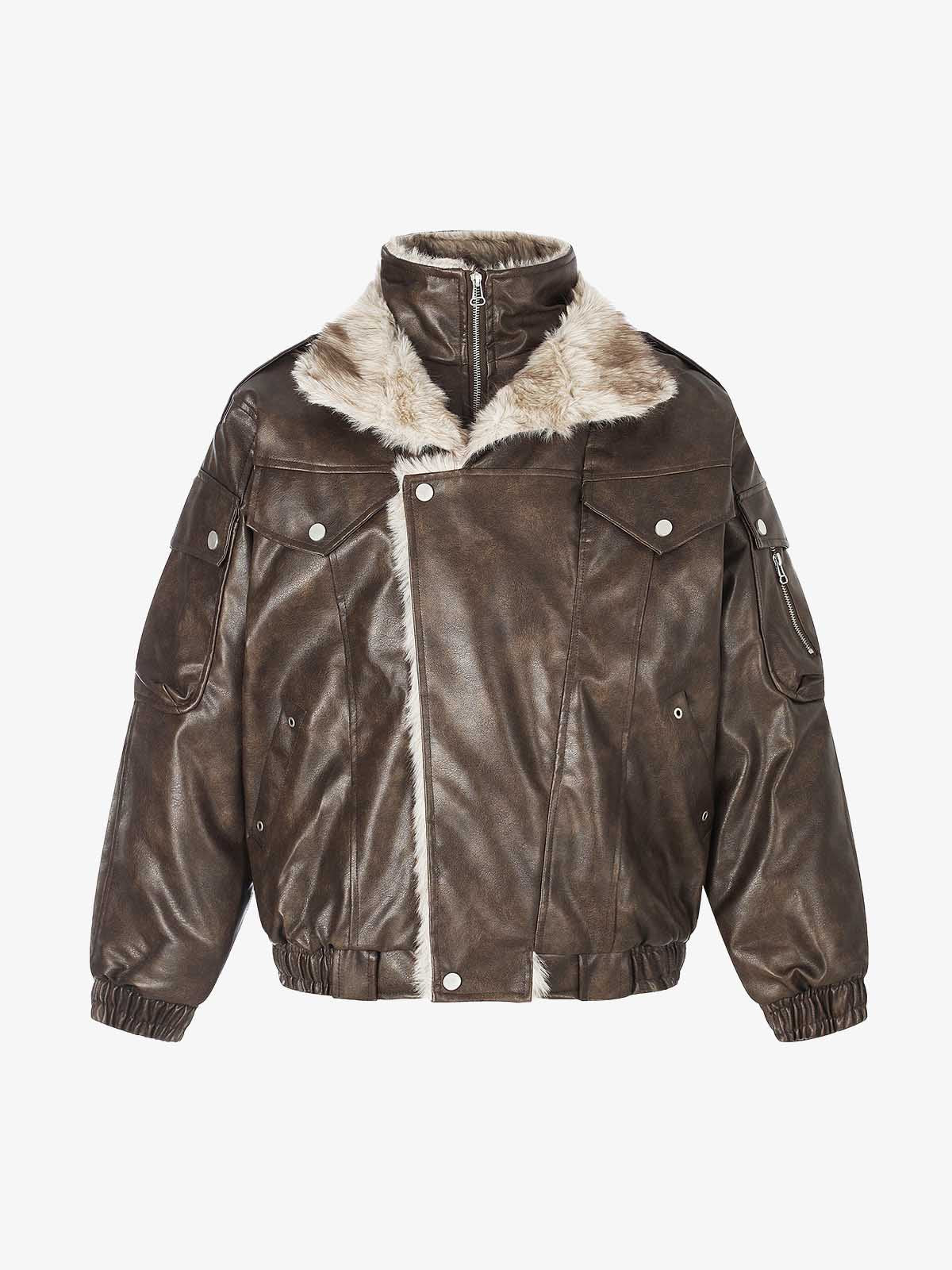 Oversized Faux-Leather Padded Coat With Faux-Fur Collar