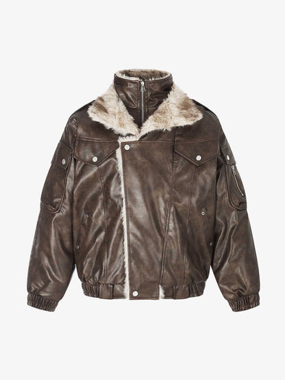 Oversized Faux-Leather Padded Coat With Faux-Fur Collar