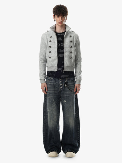 Front view of a structured boxy jacket with military-inspired buttons