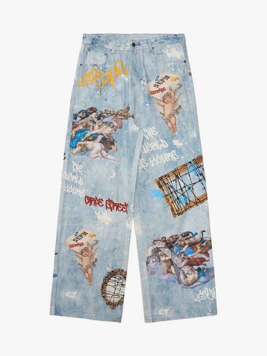 Revelse™ Retro Graffiti Angelic Print Baggy Jeans
