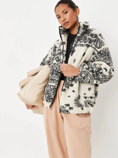Revelse™ Lamb Fleece Jacket Paisley Pattern Loose Fit
