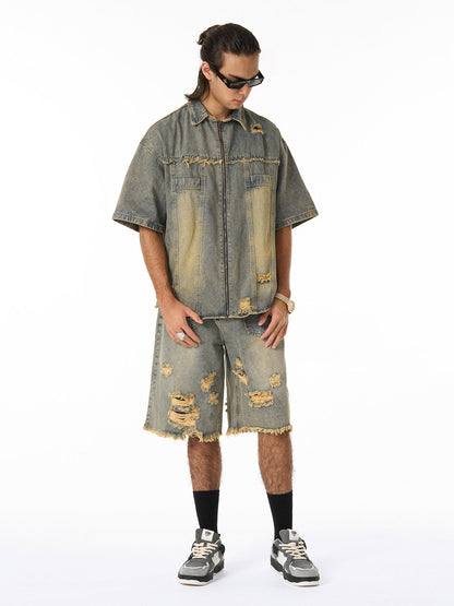 Revelse™ Men's Ripped Distressed Denim Jacket and Pants Set