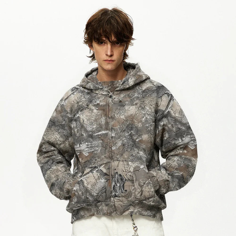 Revelse™ Camouflage Zip-Up Hoodie with Woodland Print