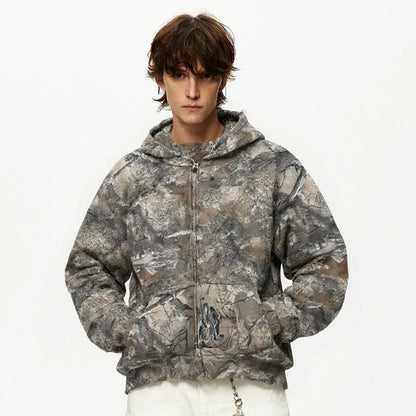 Revelse™ Camouflage Zip-Up Hoodie with Woodland Print