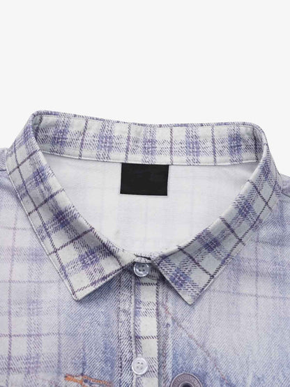 Revelse™ Vintage Washed Plaid Denim Texture Shirt Blue