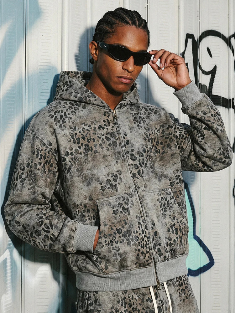 Revelse™ Leopard Print Vintage Washed Zip Hoodie Thick Cotton