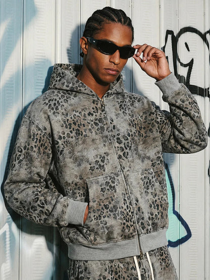 Revelse™ Leopard Print Vintage Washed Zip Hoodie Thick Cotton