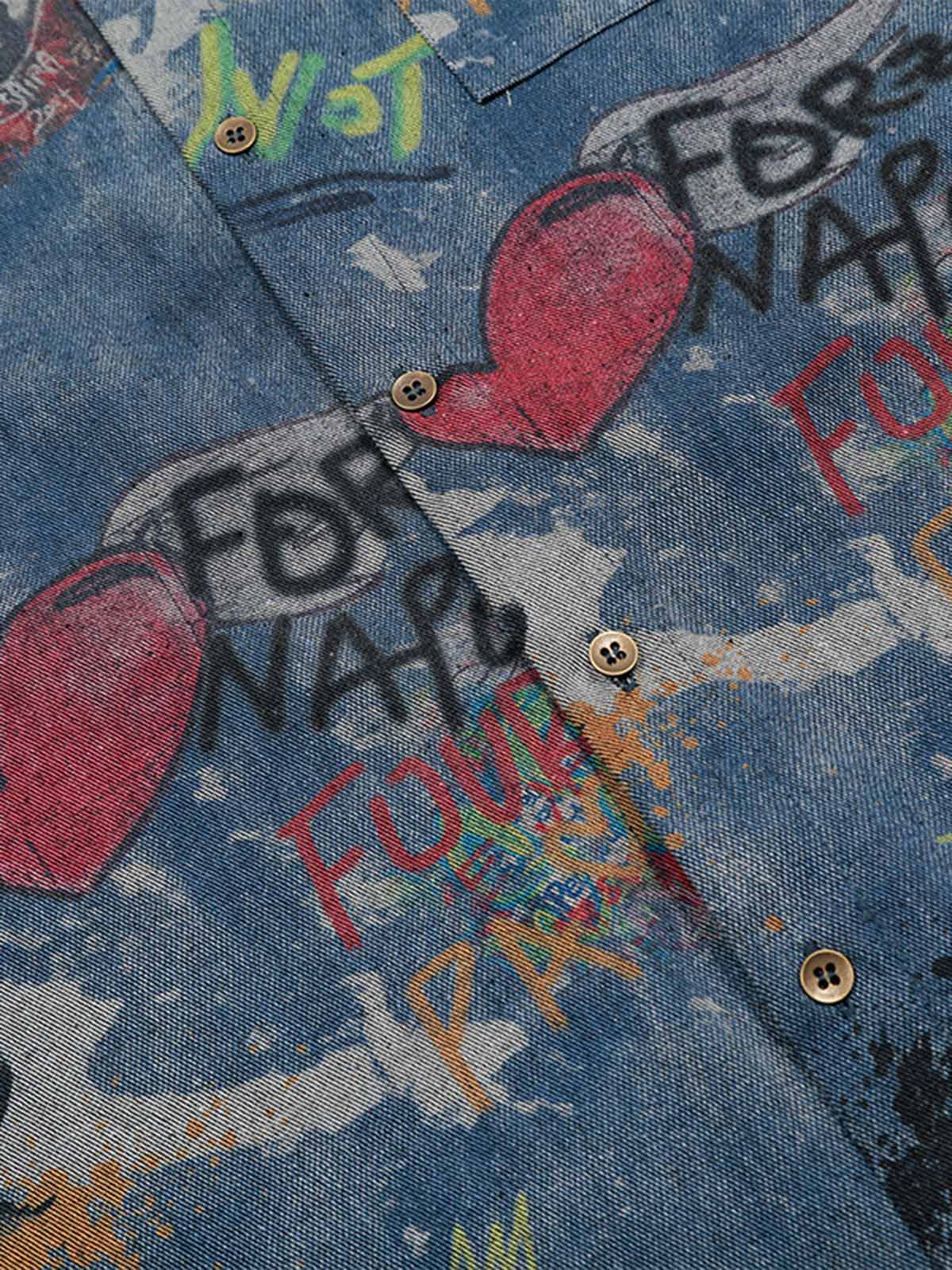 Revelse™ Tie-Dye Denim Polo T-Shirt with Graffiti Print