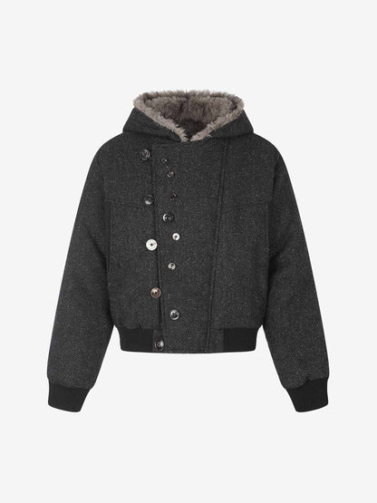 Faux-fur hooded coat showing the asymmetric button front