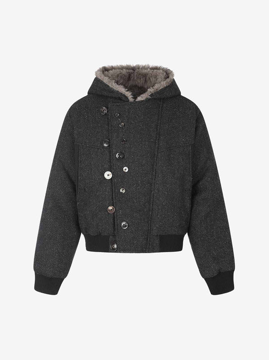 Faux-fur hooded coat showing the asymmetric button front
