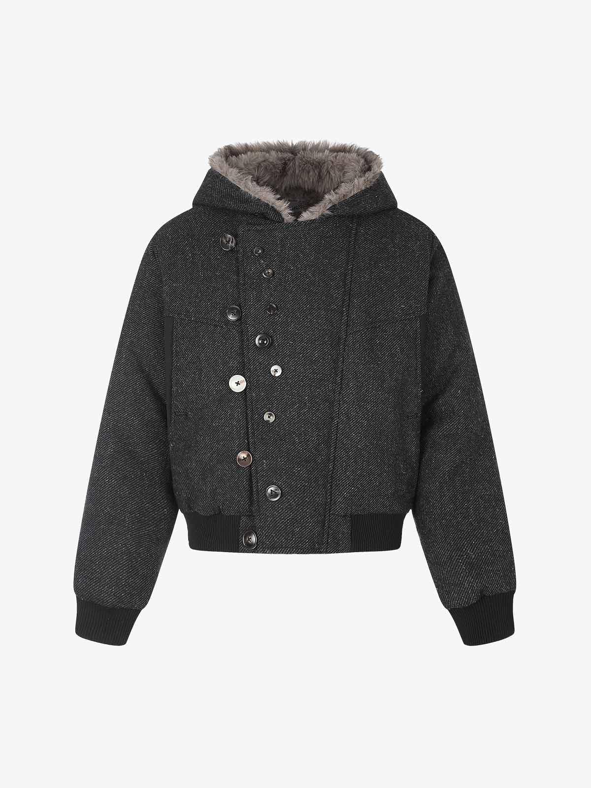 Faux-Fur Hooded Coat With Asymmetric Button Front