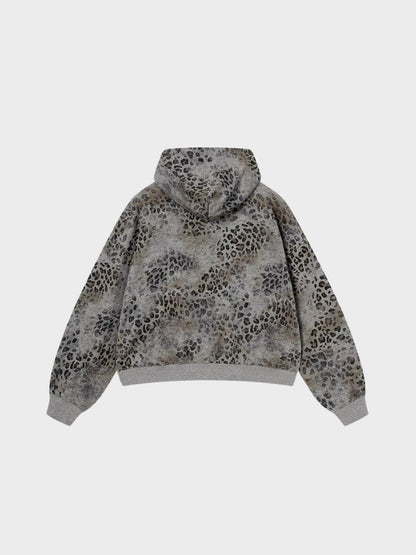 Revelse™ Leopard Print Vintage Washed Zip Hoodie Thick Cotton
