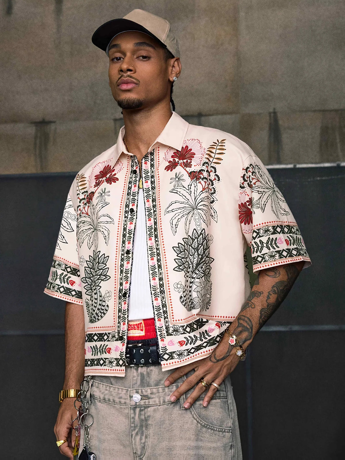 Ethnic Pattern Boxy Fit Short Sleeve Shirt White
