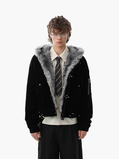 Revelse™ Faux Fur Hooded Suede Bomber Jacket with Metal Clip Streetwear