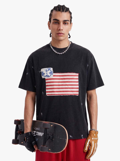 Vintage Washed Cotton Graphic Patchwork T-Shirt