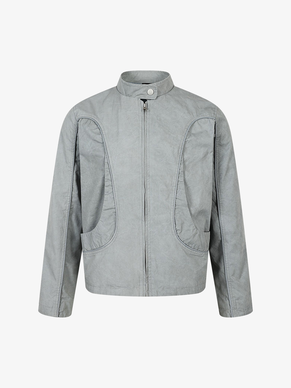 Retro patchwork work jacket with a stand collar shown from the front