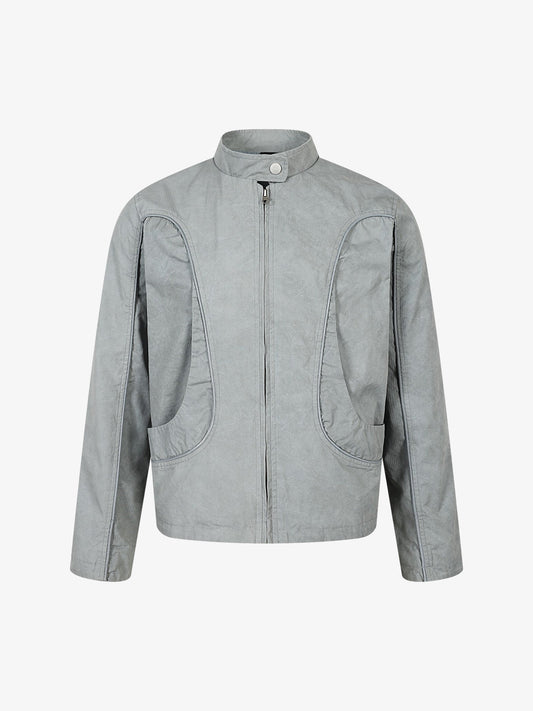Retro patchwork work jacket with a stand collar shown from the front