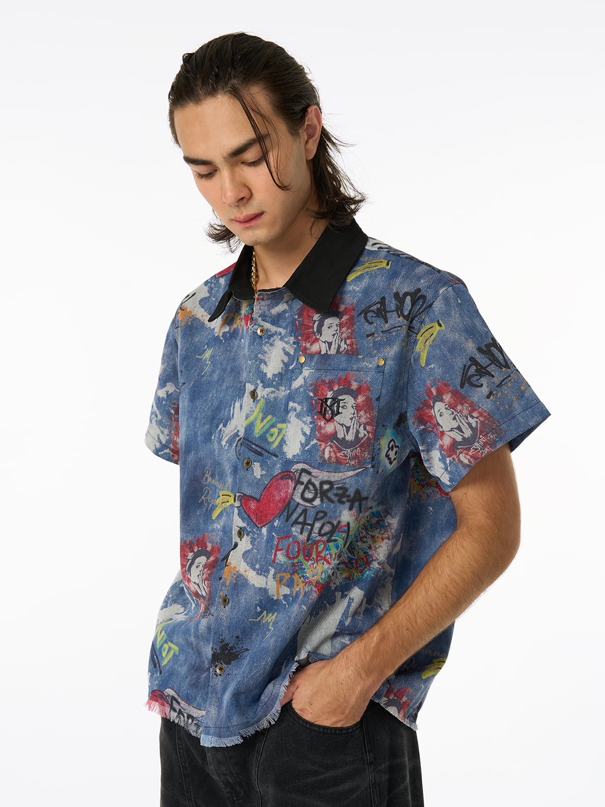 Revelse™ Tie-Dye Denim Polo T-Shirt with Graffiti Print