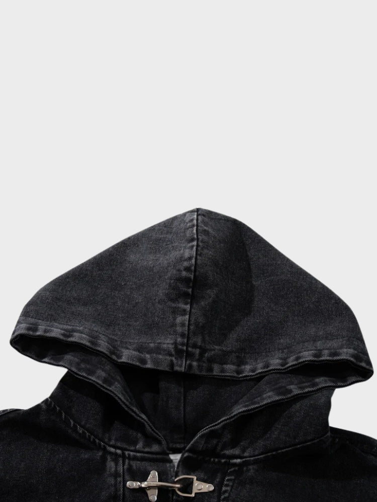 Revelse™ Washed Denim Toggle Front Hoodie Black