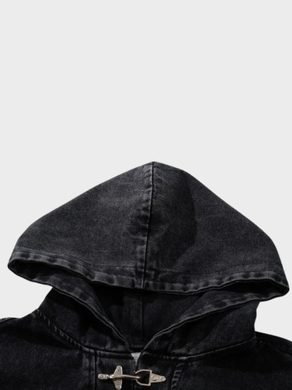 Revelse™ Washed Denim Toggle Front Hoodie Black