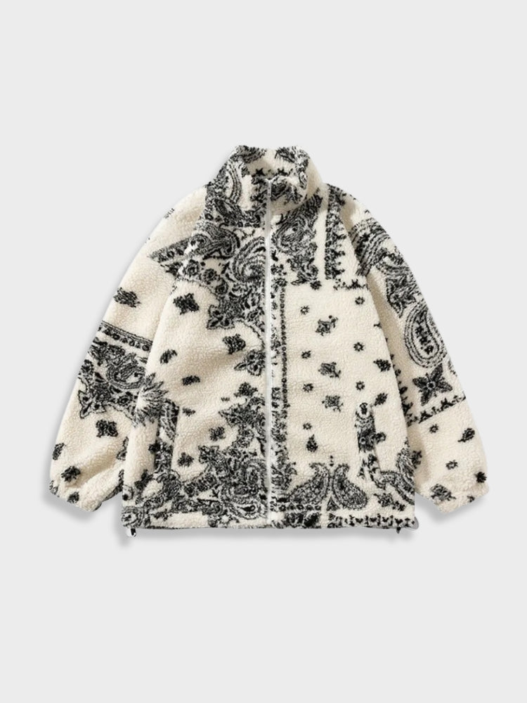 Revelse™ Lamb Fleece Jacket Paisley Pattern Loose Fit