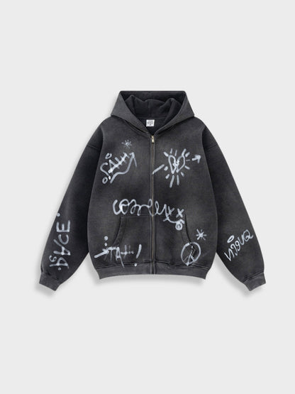 Revelse™ Unisex Graffiti Print Washed Zip-Up Hoodie