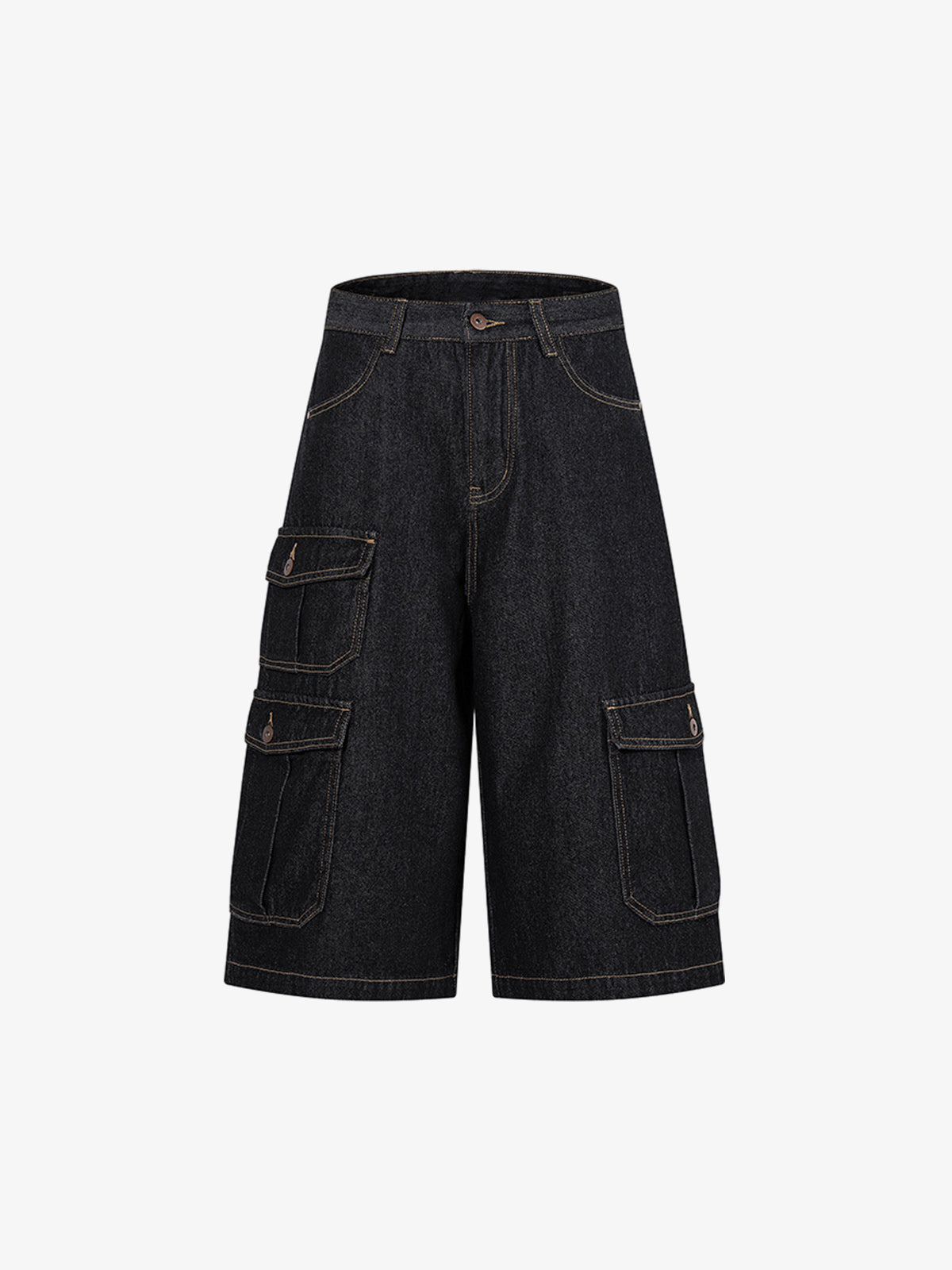 Front view of dark wash denim shorts with adjustable waist tabs