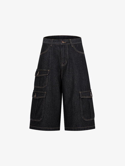 Dark Wash Denim Shorts With Adjustable Waist Tabs