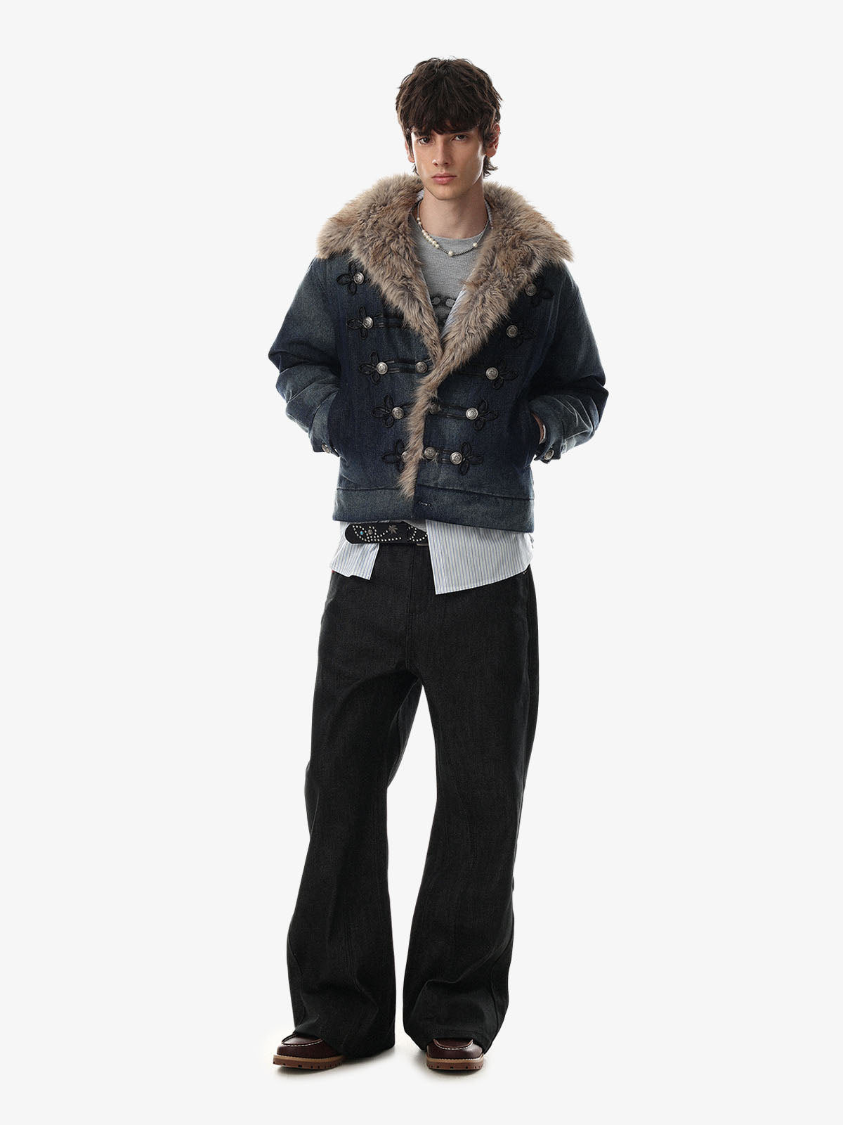 Detailed view of the quilted texture on the coat