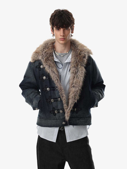 Close-up of the faux-fur collar and button fastening