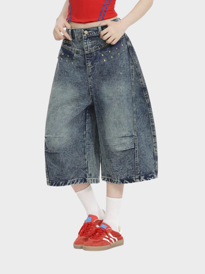 Revelse™ Longline Baggy Studded Denim Shorts Gray Blue