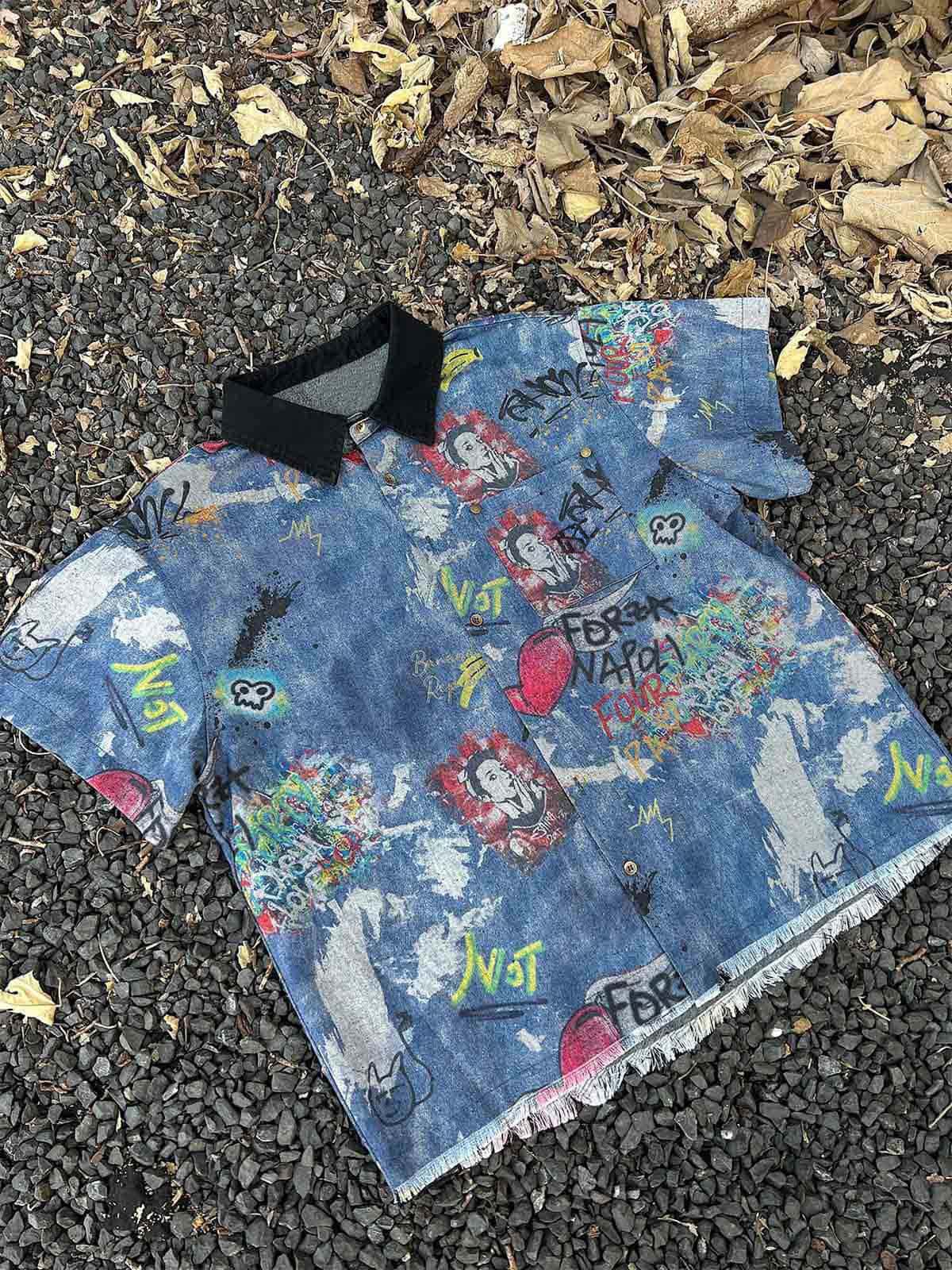 Revelse™ Tie-Dye Denim Polo T-Shirt with Graffiti Print