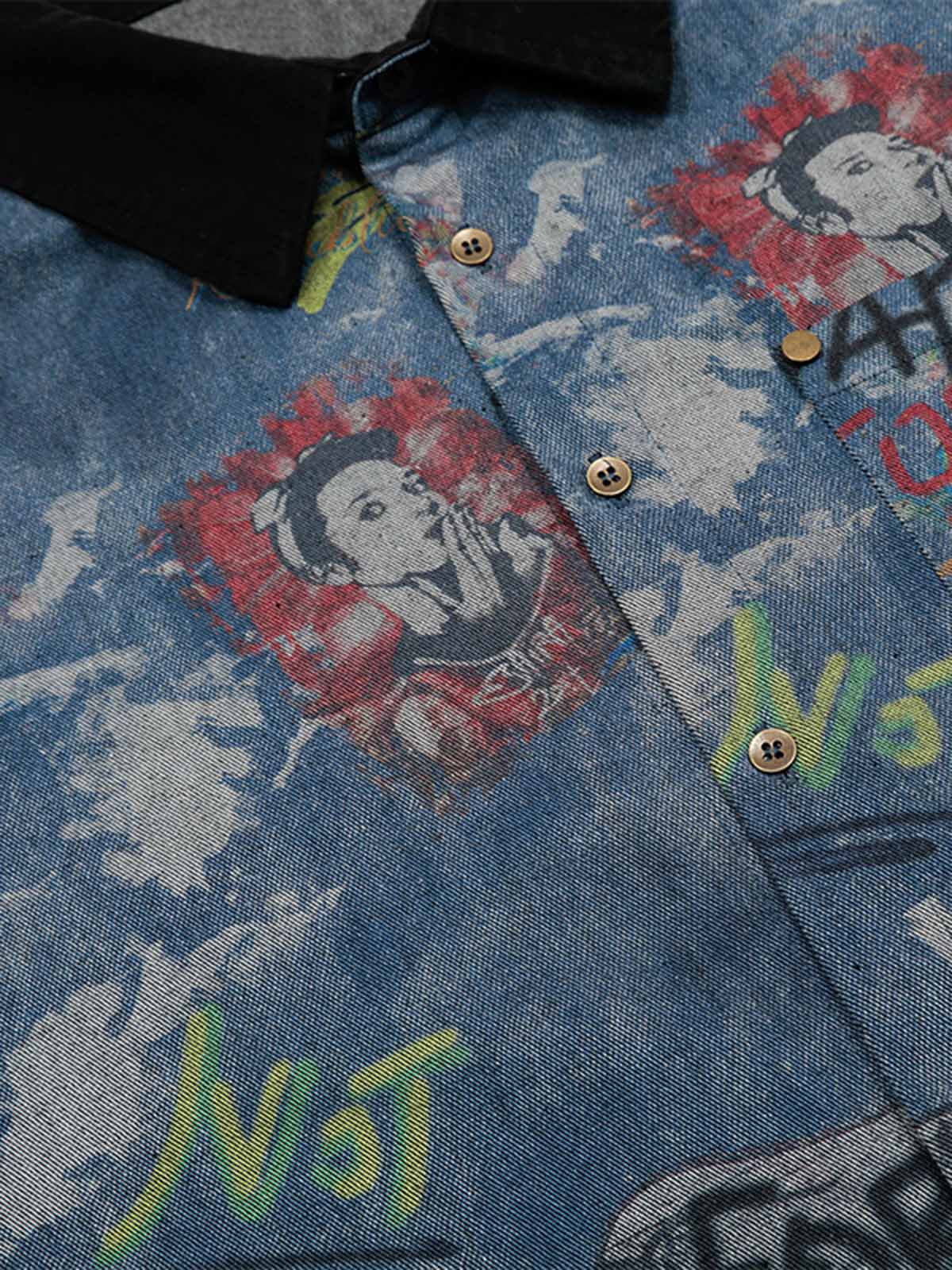 Revelse™ Tie-Dye Denim Polo T-Shirt with Graffiti Print