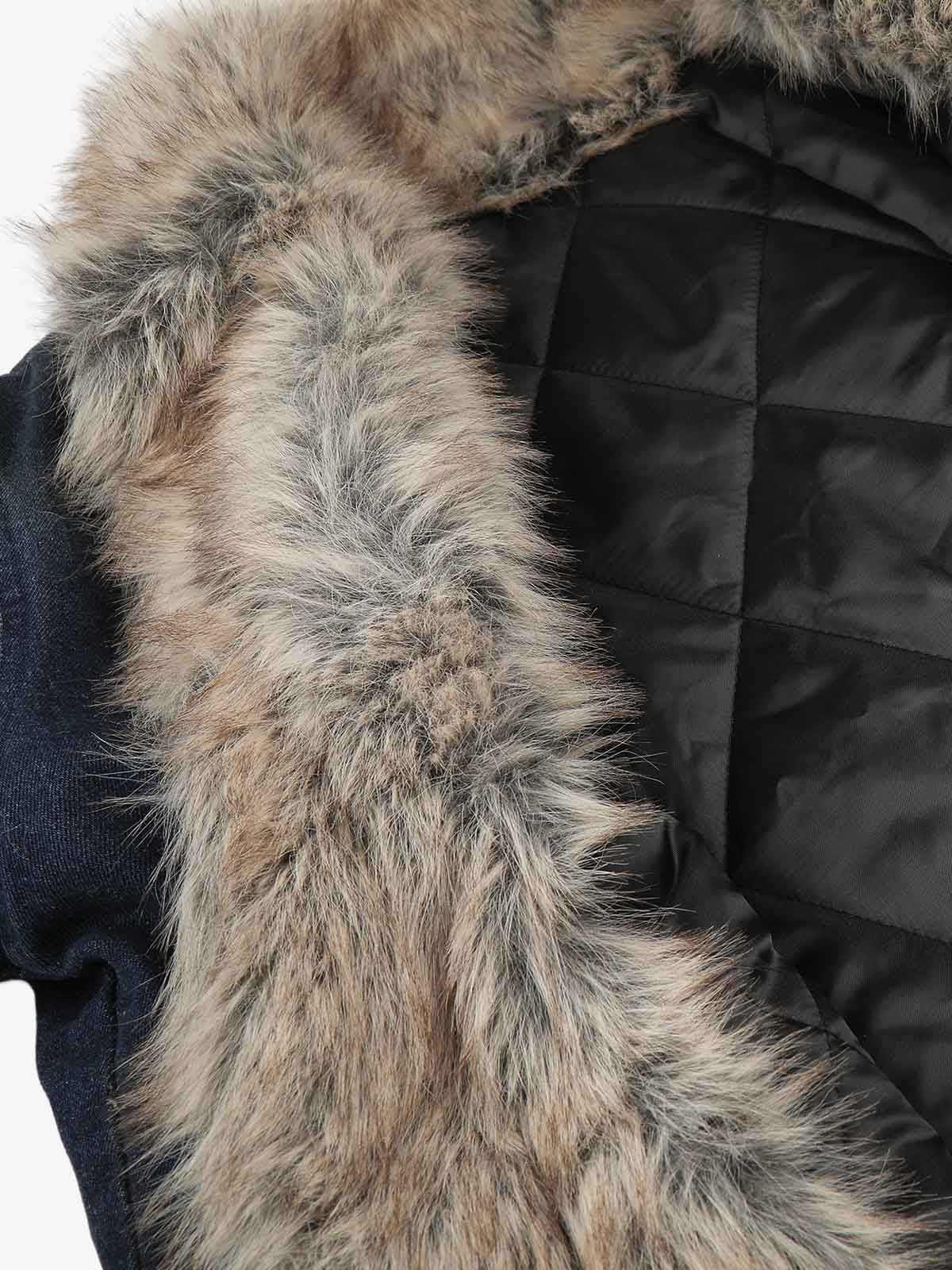 Back view of the quilted coat with faux-fur collar