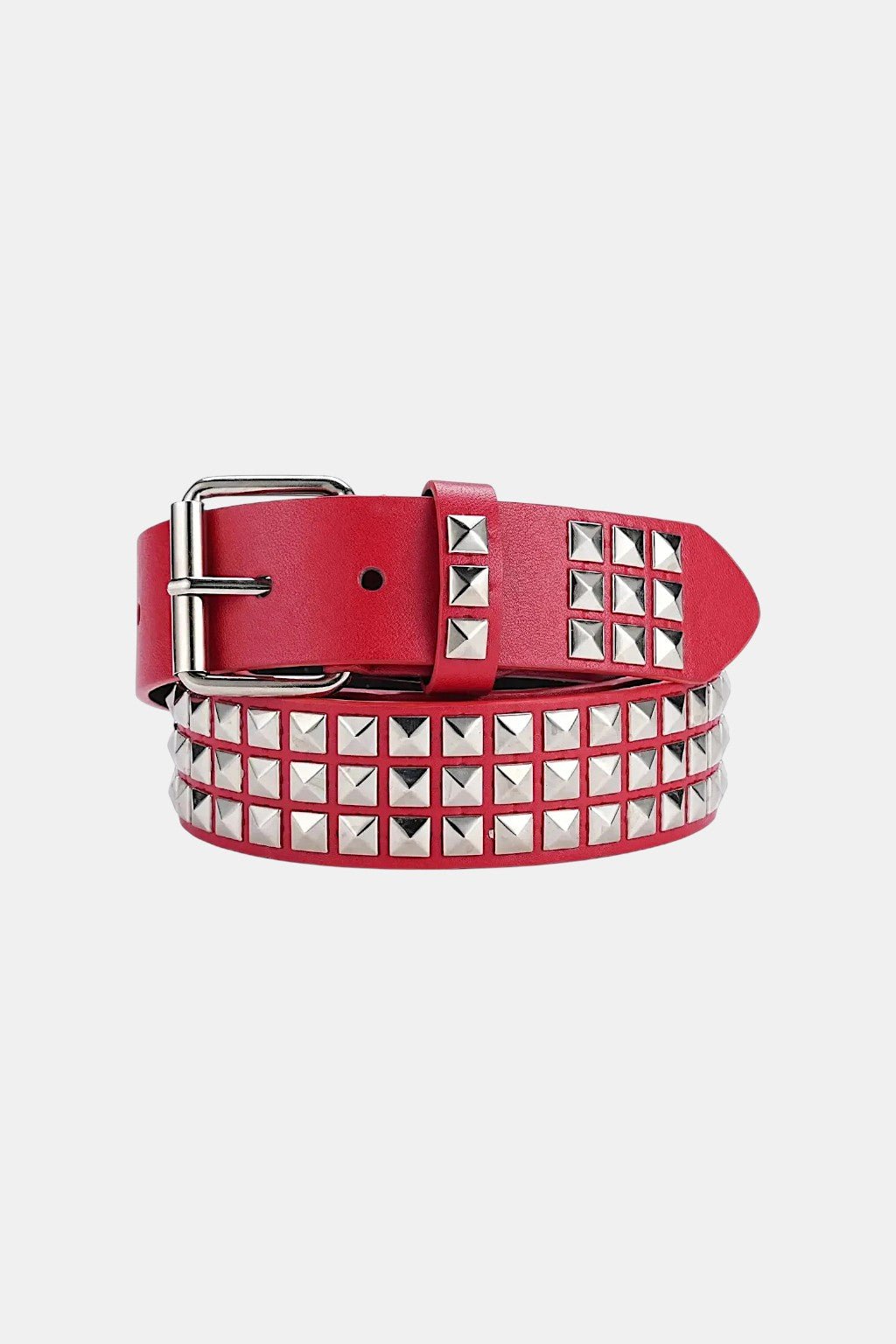 Side view showing the belt buckle and studded design
