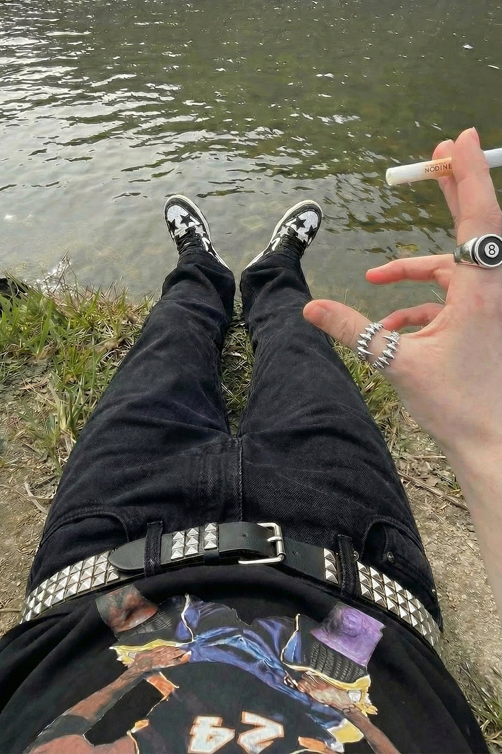 Full view of the pyramid studded belt from end to end