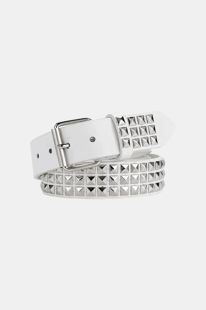 Pyramid studded belt styled as a bold fashion accessory