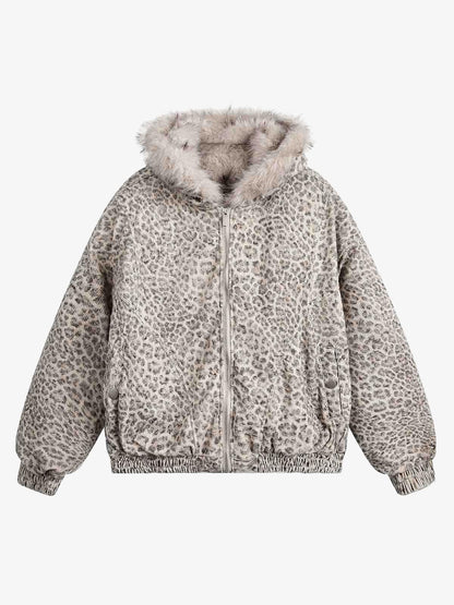 Revelse™ Cheetah Print Hooded Jacket with Faux Mink Fur Trim