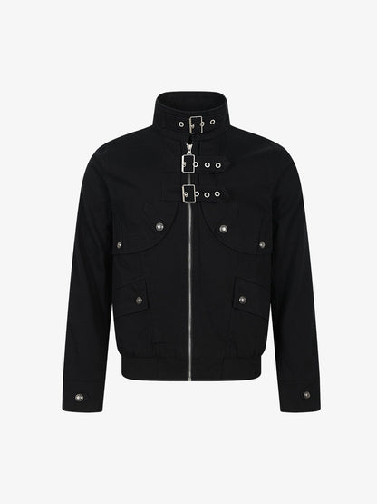 Cropped techwear work jacket with a stand collar shown from the front