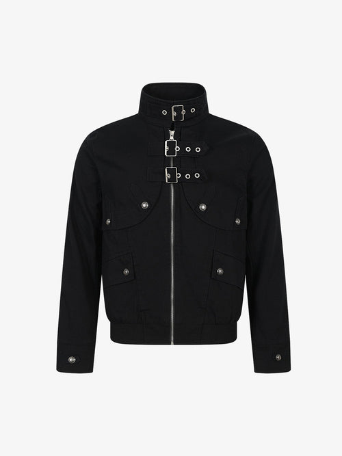 Cropped techwear work jacket with a stand collar shown from the front