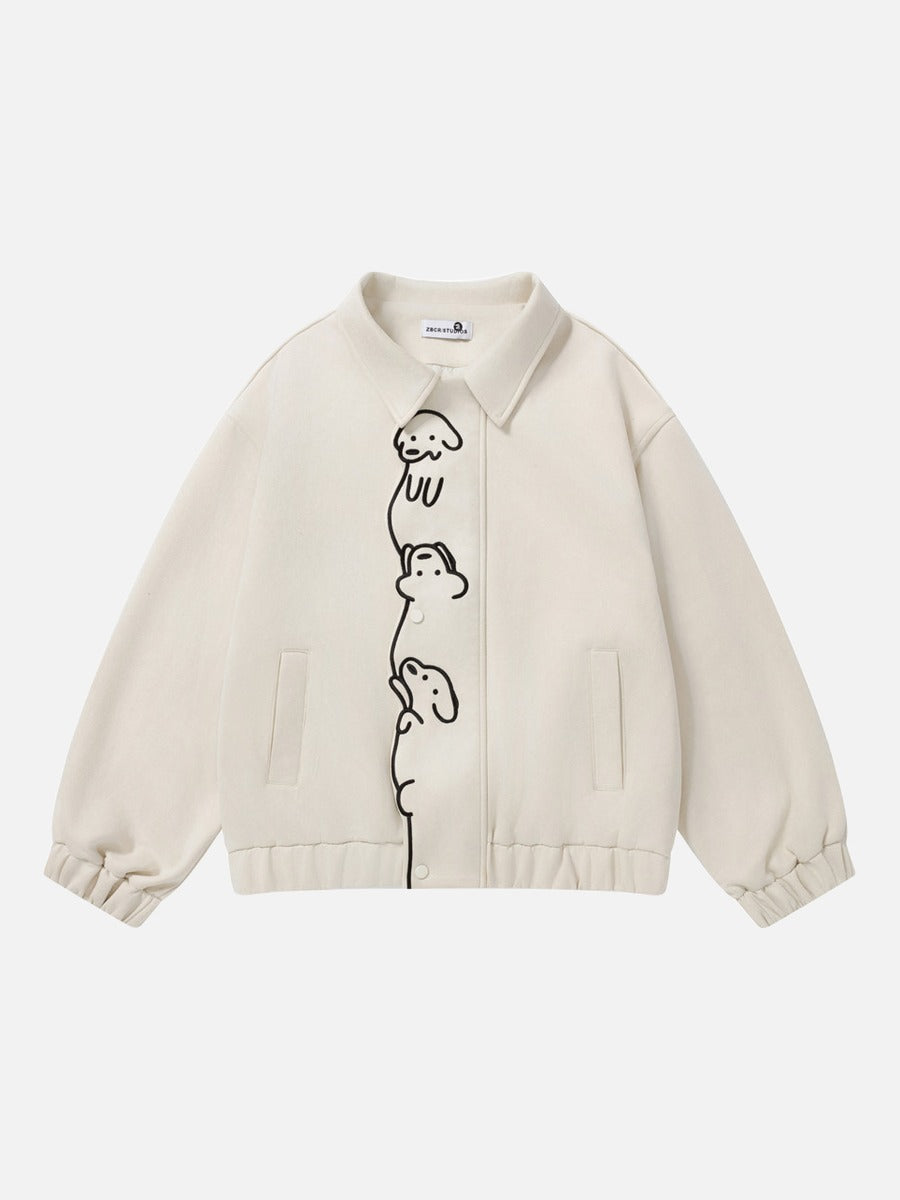 Embroidered Dog Jacket Black Long-Sleeve Streetwear