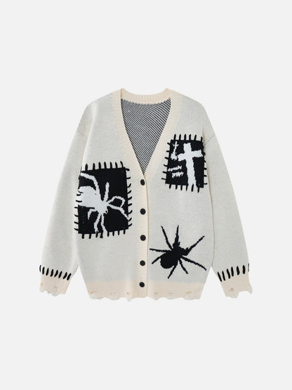 Oversized black and white graphic knit cardigan shown from the front