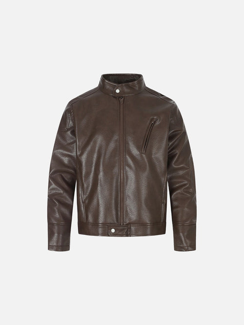 Brown faux leather biker jacket displayed against a plain background