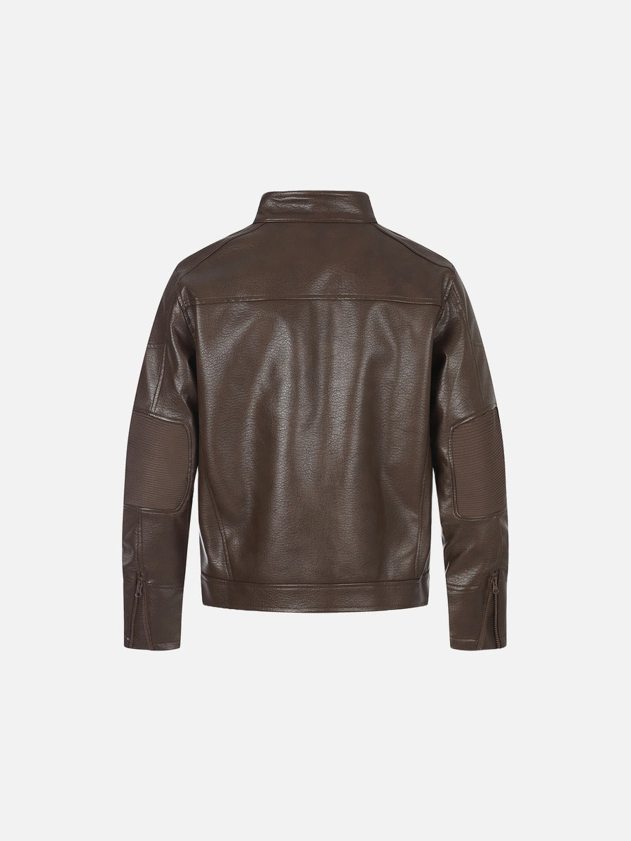 Back view of the brown faux leather biker jacket