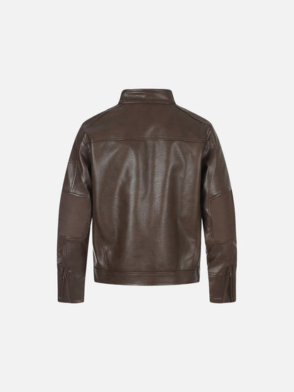 Back view of the brown faux leather biker jacket