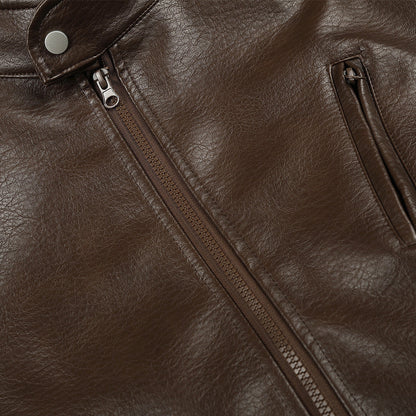 Brown faux leather biker jacket styled with casual clothing