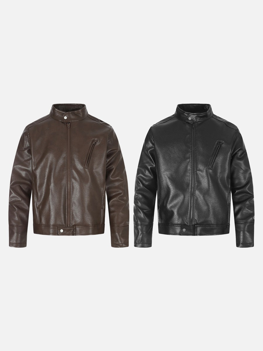 Brown faux leather biker jacket showing front pockets and hardware